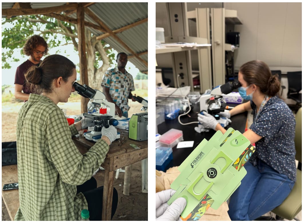 Side-by-side photos: Caroline at a microscope on a wooden table under a field shelter in Nigeria, and at a lab bench in Houston holding a green SchistoFilter