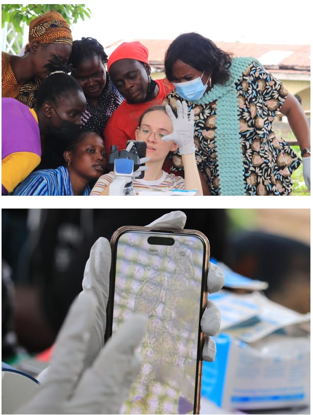 Top: community health workers crowd around a microscope at an outdoor table. Bottom: a gloved hand holds up a phone showing schistosome eggs