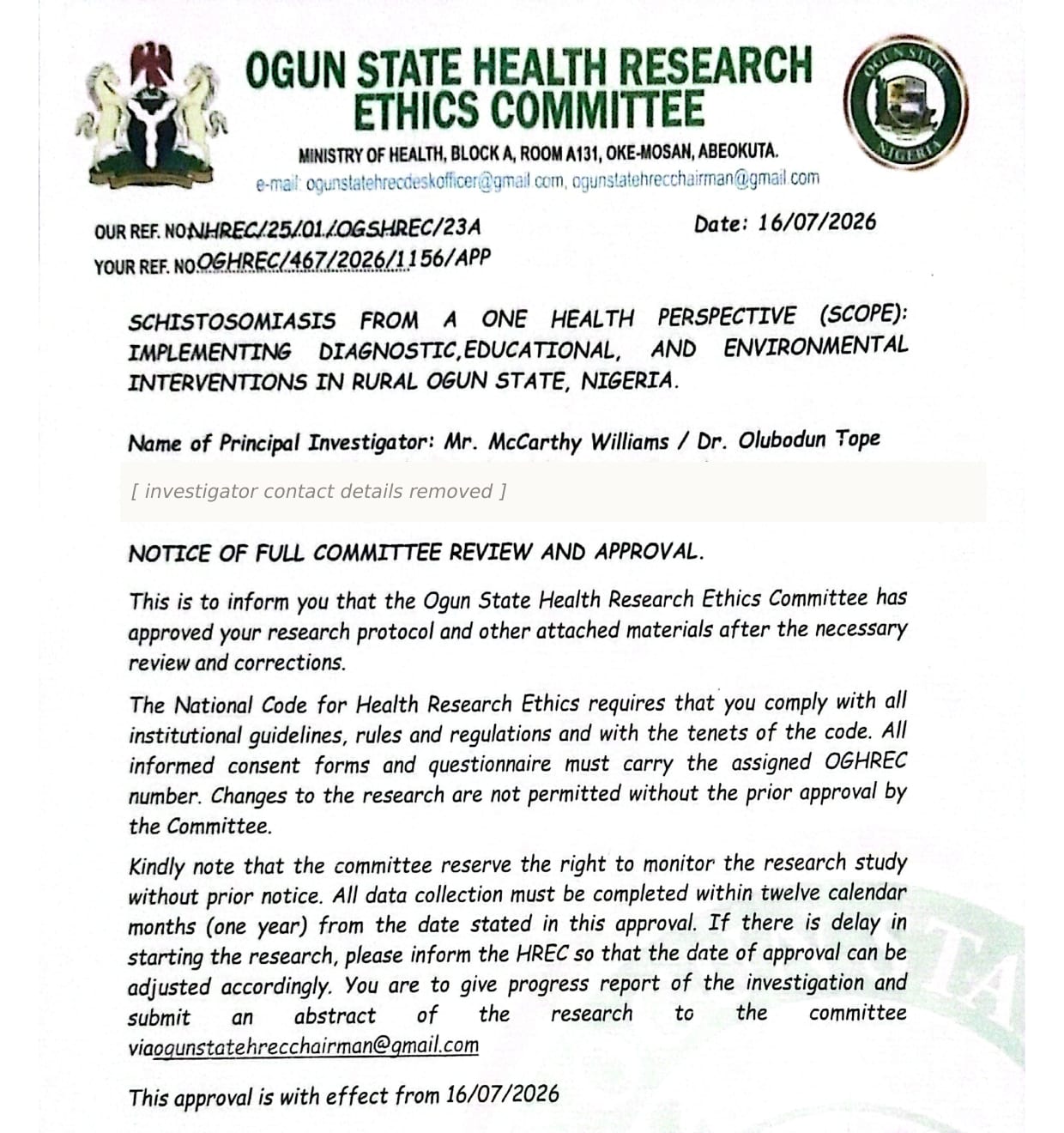 Letter from the Ogun State Health Research Ethics Committee dated 16 July 2026, giving notice of full committee review and approval of the SCOPE protocol