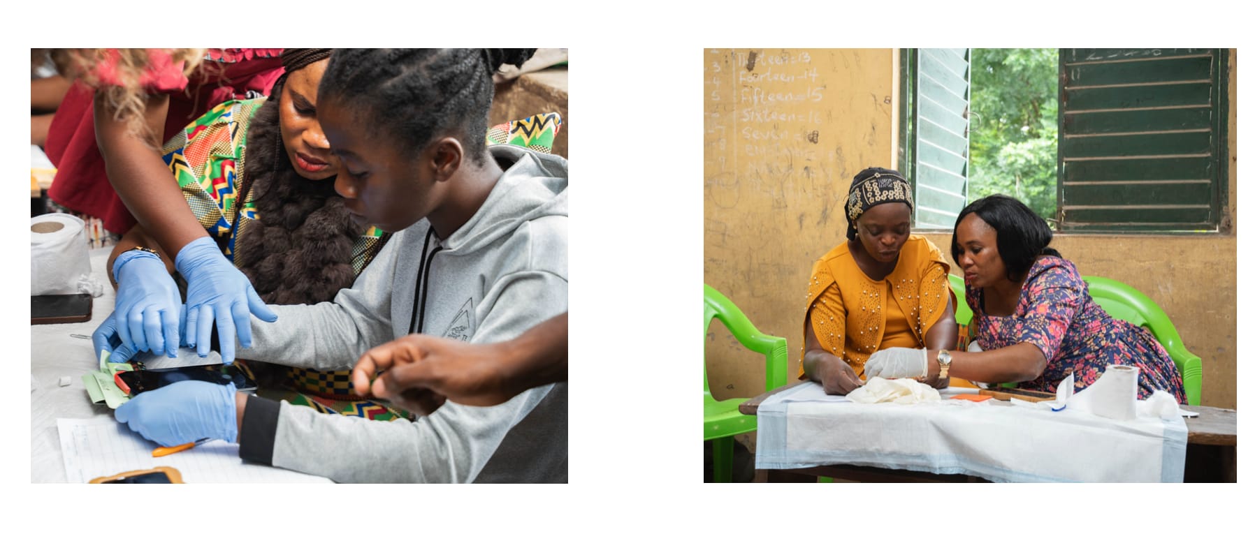 Two photos: a young health worker in a grey hoodie handles a Foldscope at a crowded table, and two women review samples at a table in a schoolroom