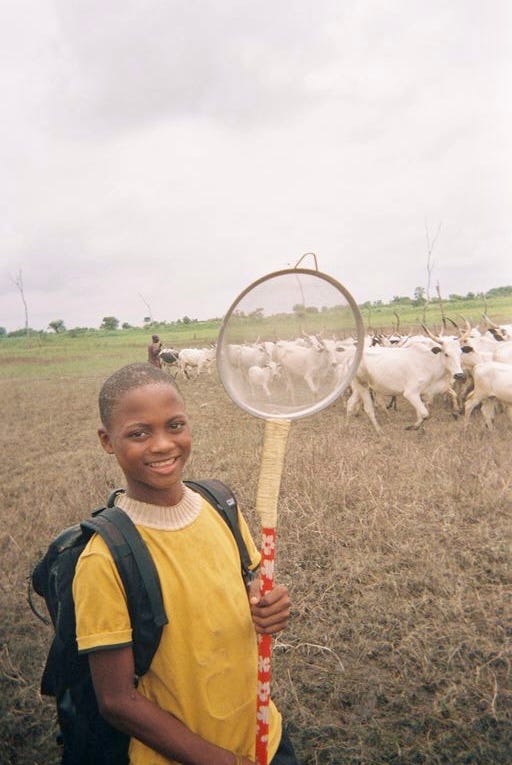 A student’s hands holding a homemade snail scoop made from a kitchen sieve fixed to a wooden pole