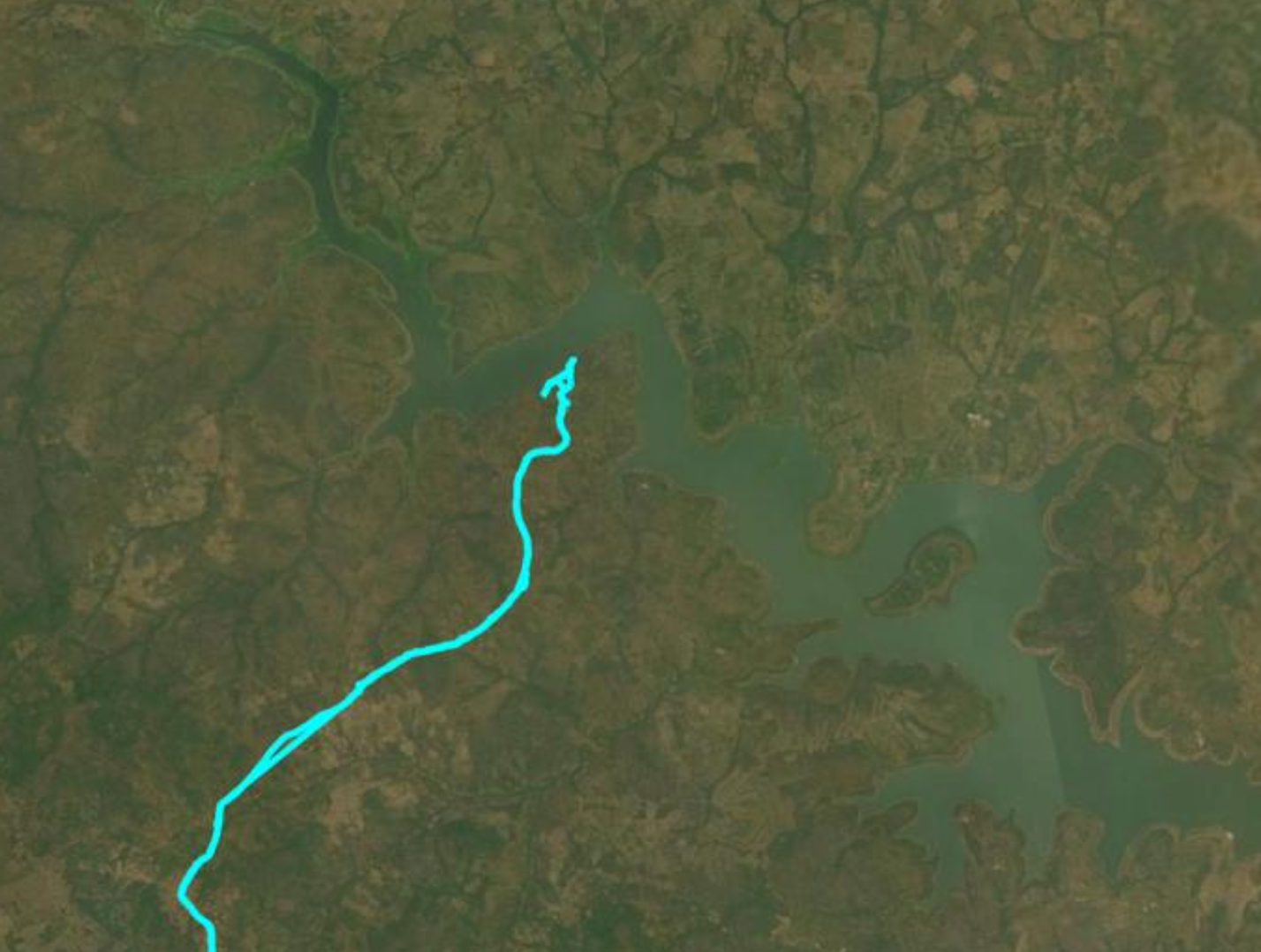 A satellite map with a GPS track traced along the road to Imala Odo